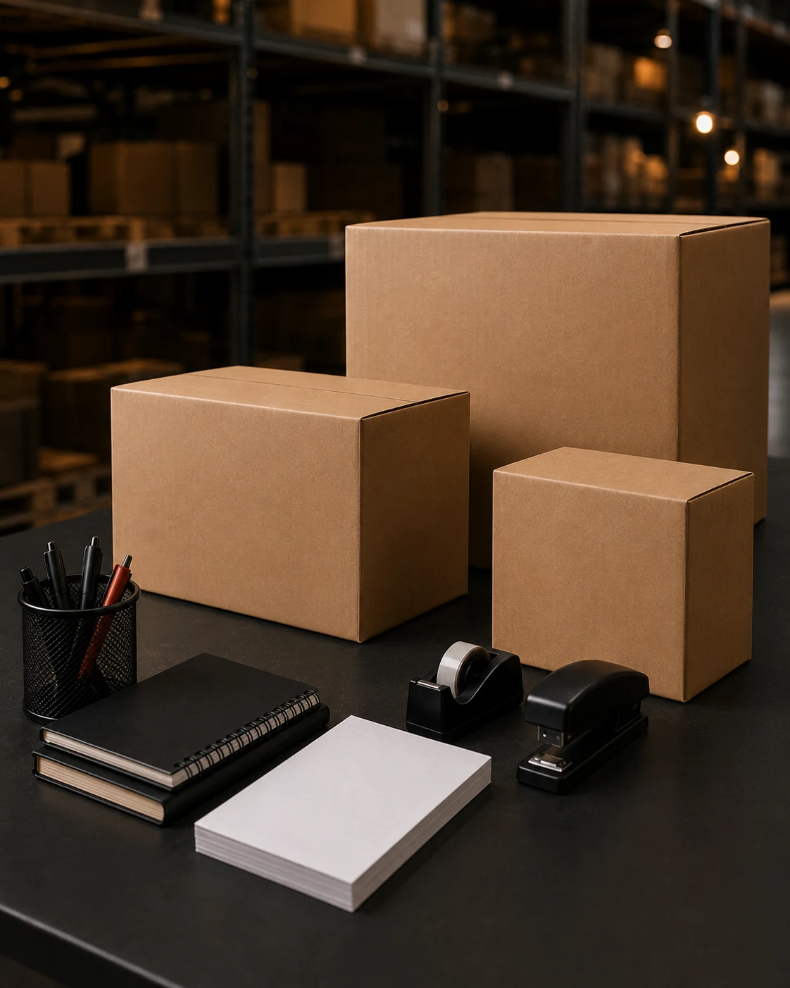 Pedidos empresariales de papelería, material de oficina y tecnología preparados para entrega